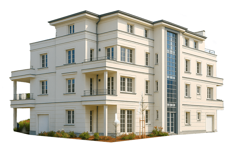 Viergeschossiges modernes Wohngebäude mit Balkonen und großem vertikalem Fensterband